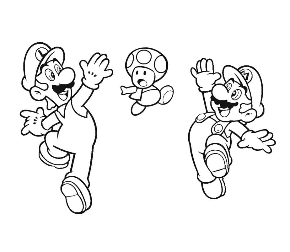 Desenho deMario e Luigi com Toad para colorir