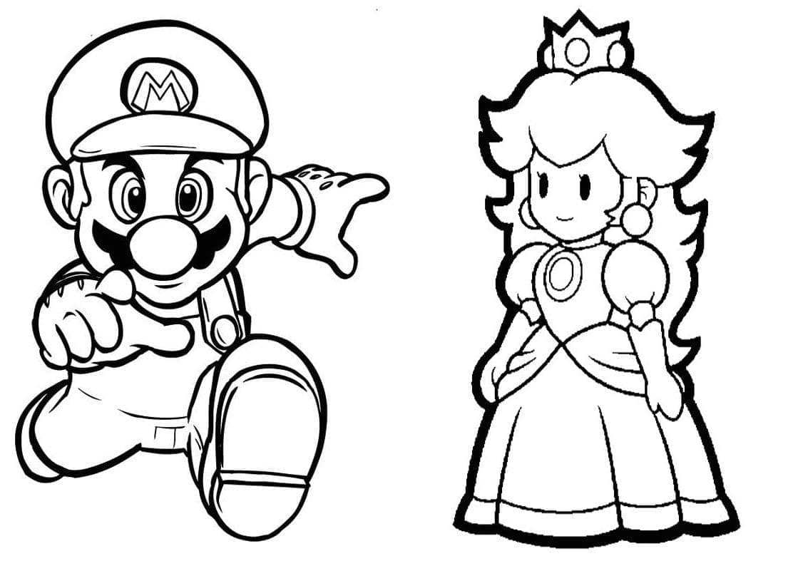 Desenho deMario e Princesa Peach para colorir