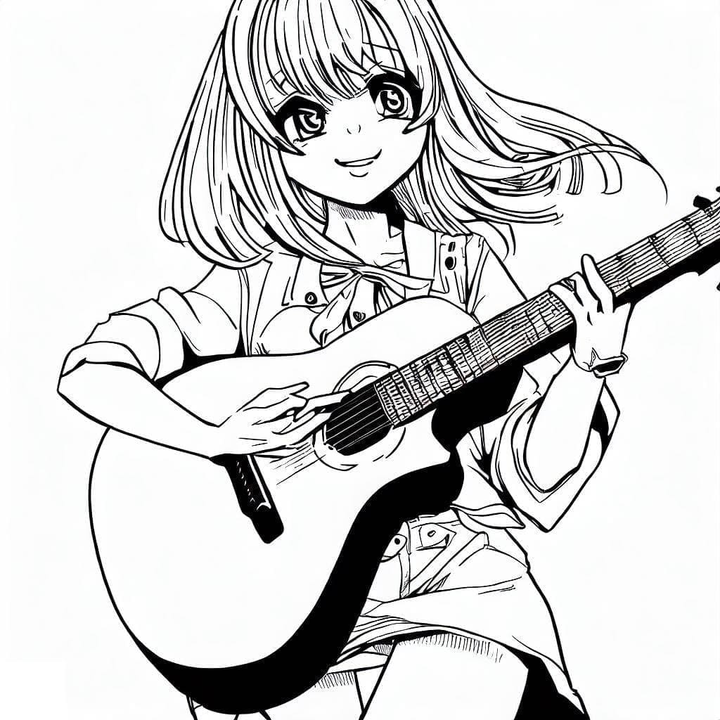 Desenho deMenina Anime Toca Violão para colorir