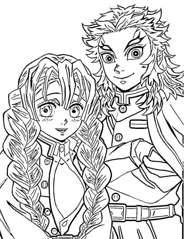 Desenho deMitsuri Kanroji e Kyojuro Rengoku para colorir