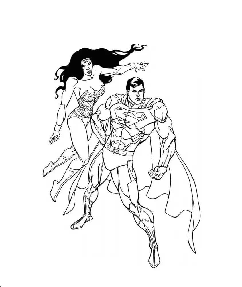 Desenho deMulher Maravilha e Superman para colorir