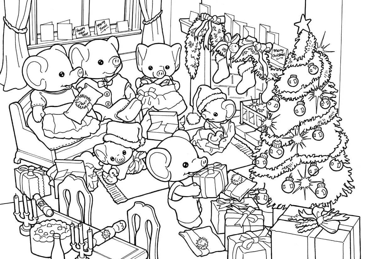 Desenho deNatal das Sylvanian Families para colorir