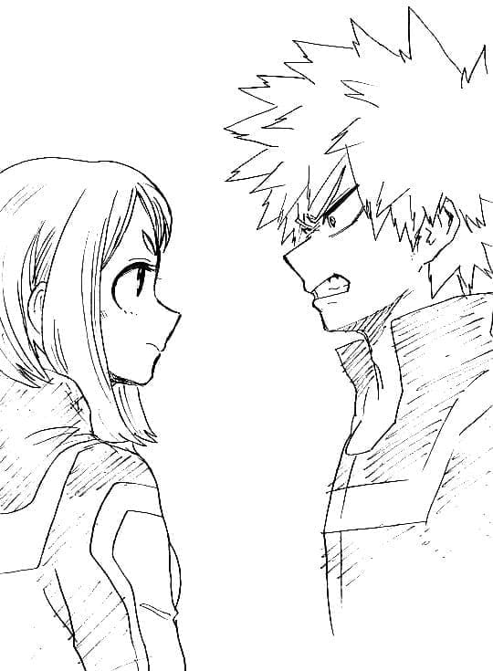 Desenho deOchaco Uraraka e Bakugo para colorir