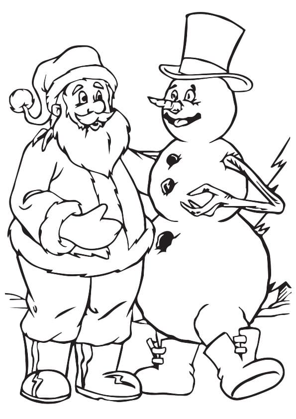 Desenho dePapai Noel com Boneco de Neve para colorir