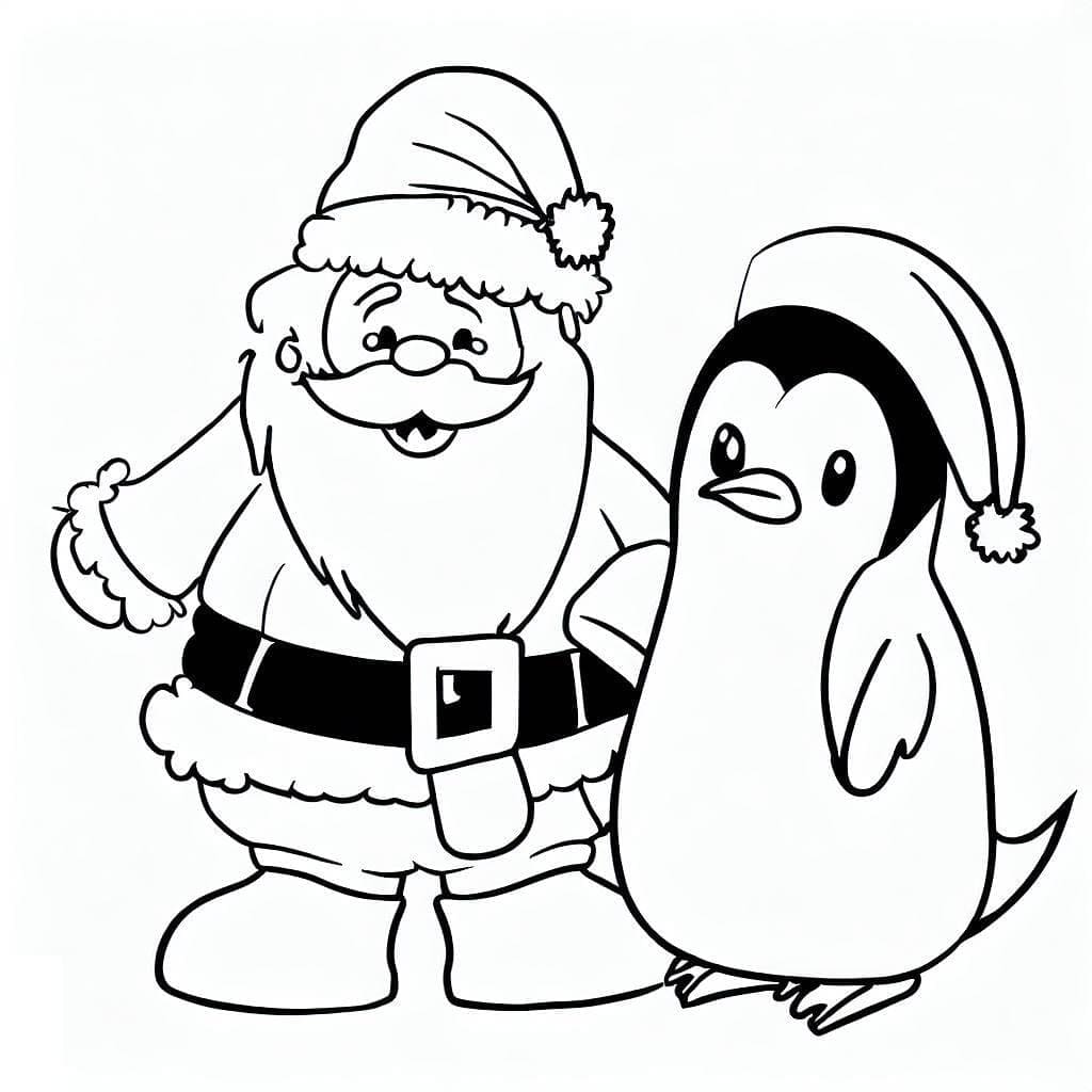 Desenho de Papai Noel e Pinguim para colorir