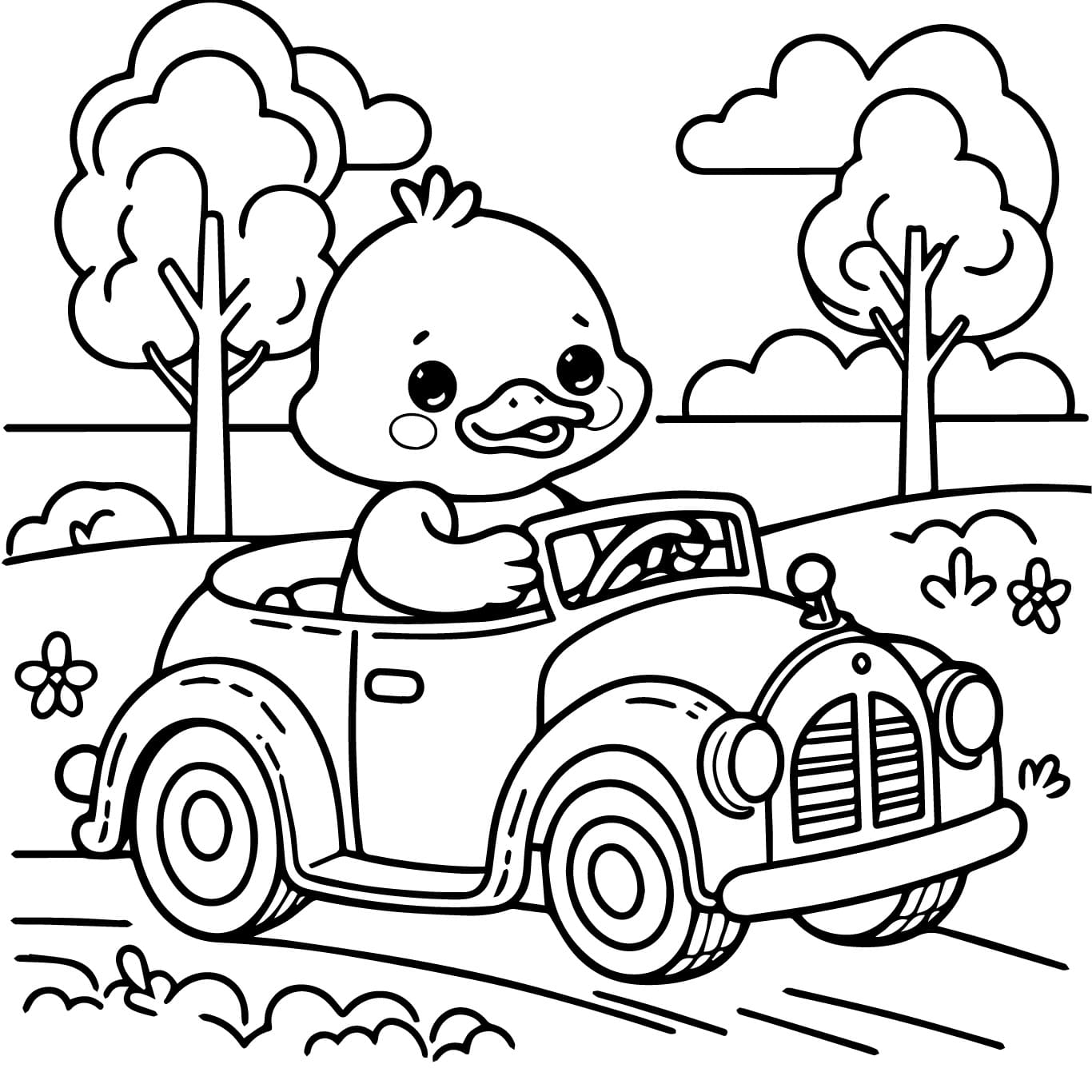 Desenho dePato está Dirigindo um Carro para colorir