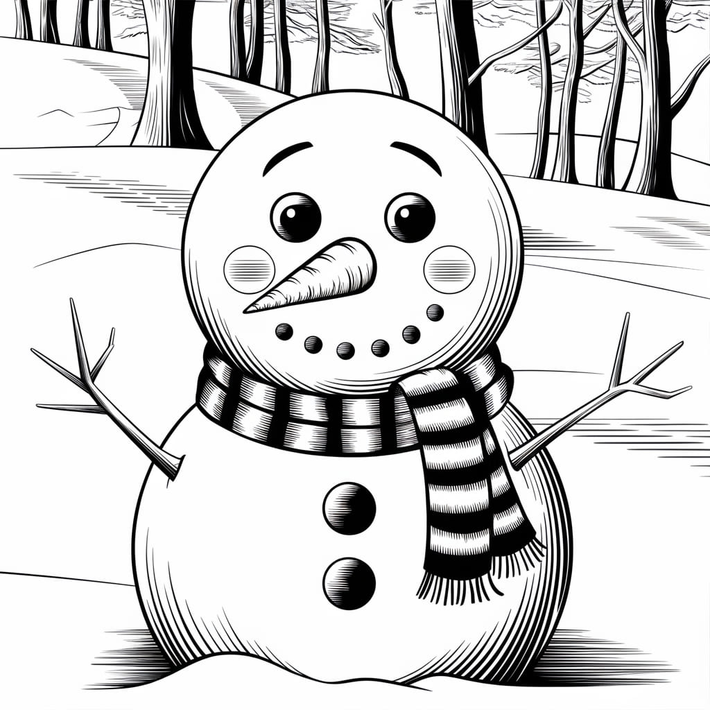 Desenho dePequeno Boneco De Neve Na Floresta para colorir