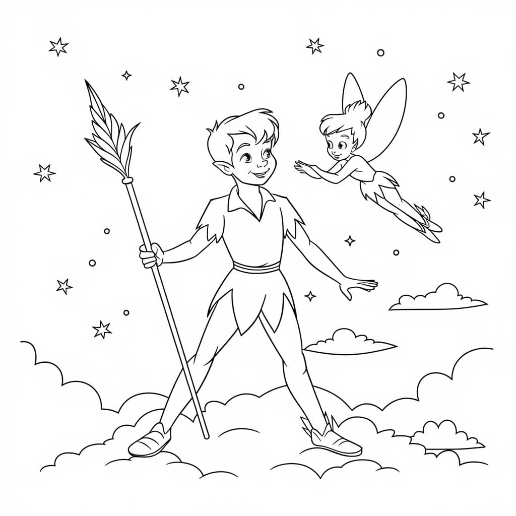 Desenho dePeter Pan Segurando Uma Vassoura para colorir