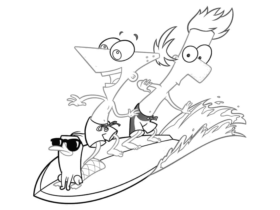 Desenho dePhineas e Ferb Surfando para colorir