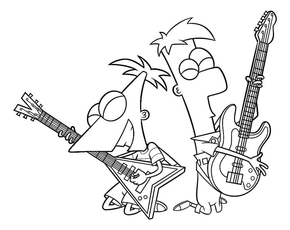 Desenho dePhineas e Ferb Tocam Guitarra Elétrica para colorir