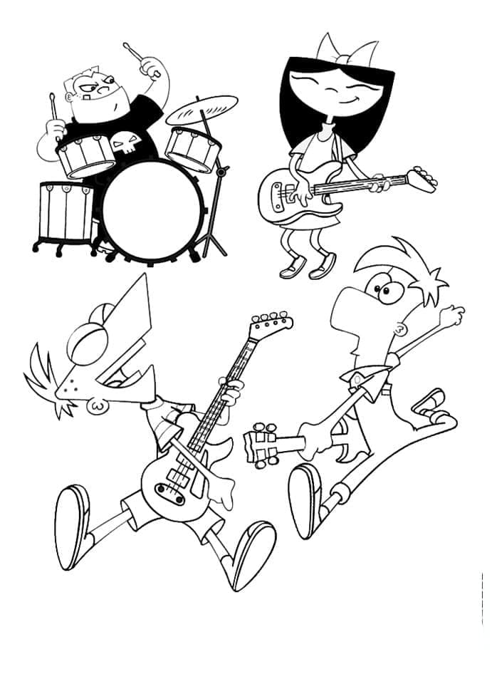 Desenho dePhineas e Ferb com Amigos para colorir