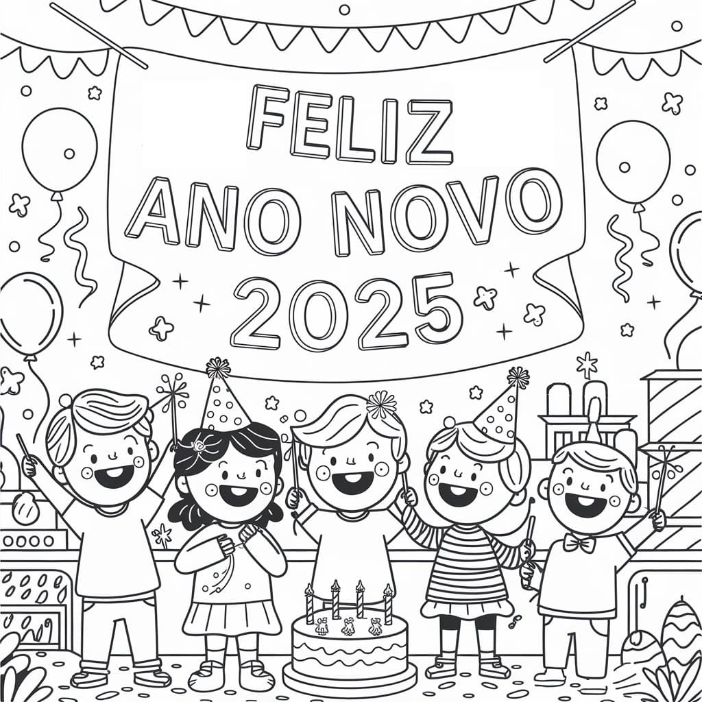 Desenho dePintura de Feliz Ano Novo 2025 para colorir