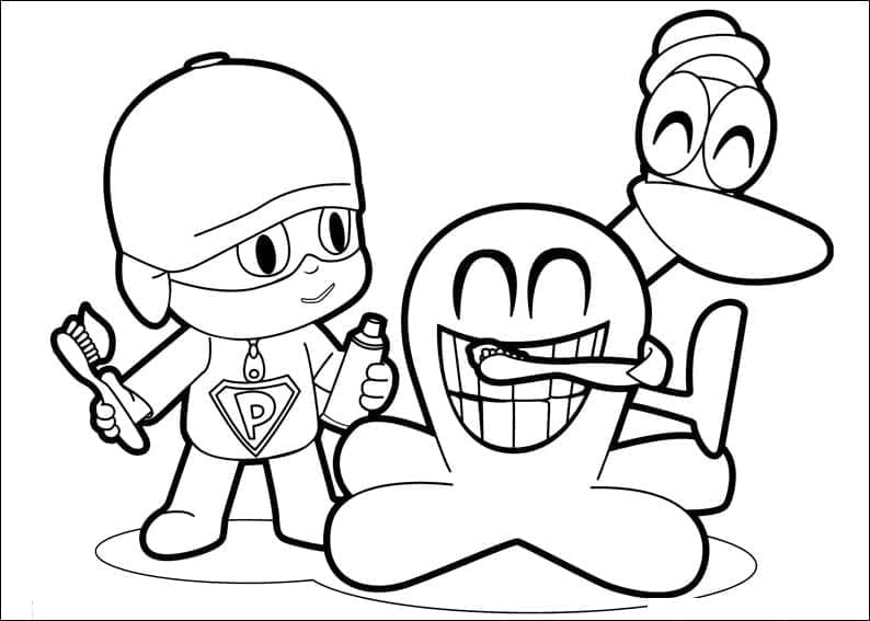 Desenho dePocoyo, Fred e Pato para colorir