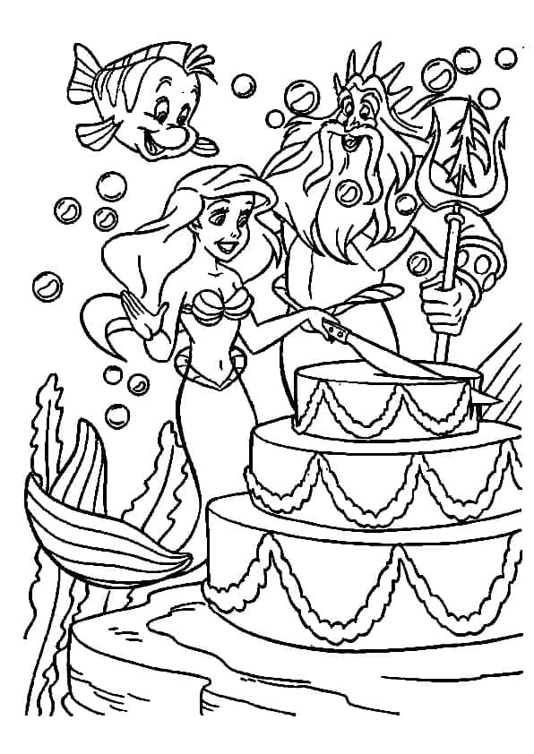 Desenho dePrincesa Ariel e Bolo de Aniversário para colorir