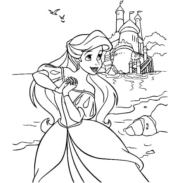 Desenho dePrincesa Ariel e Castelo para colorir