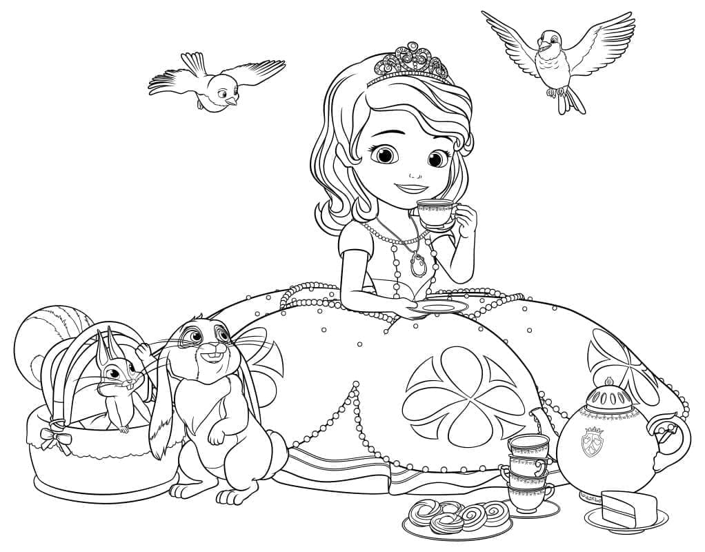 Desenho dePrincesa Sofia com Animais para colorir