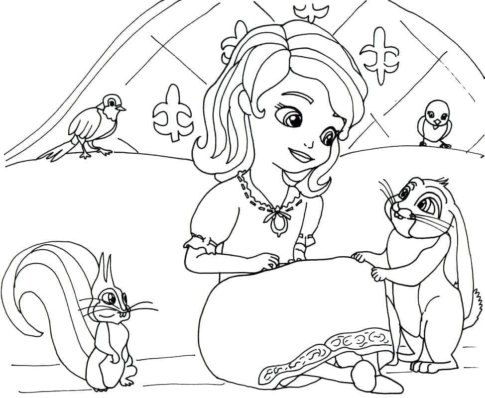 Desenho dePrincesa Sofia e Animais para colorir