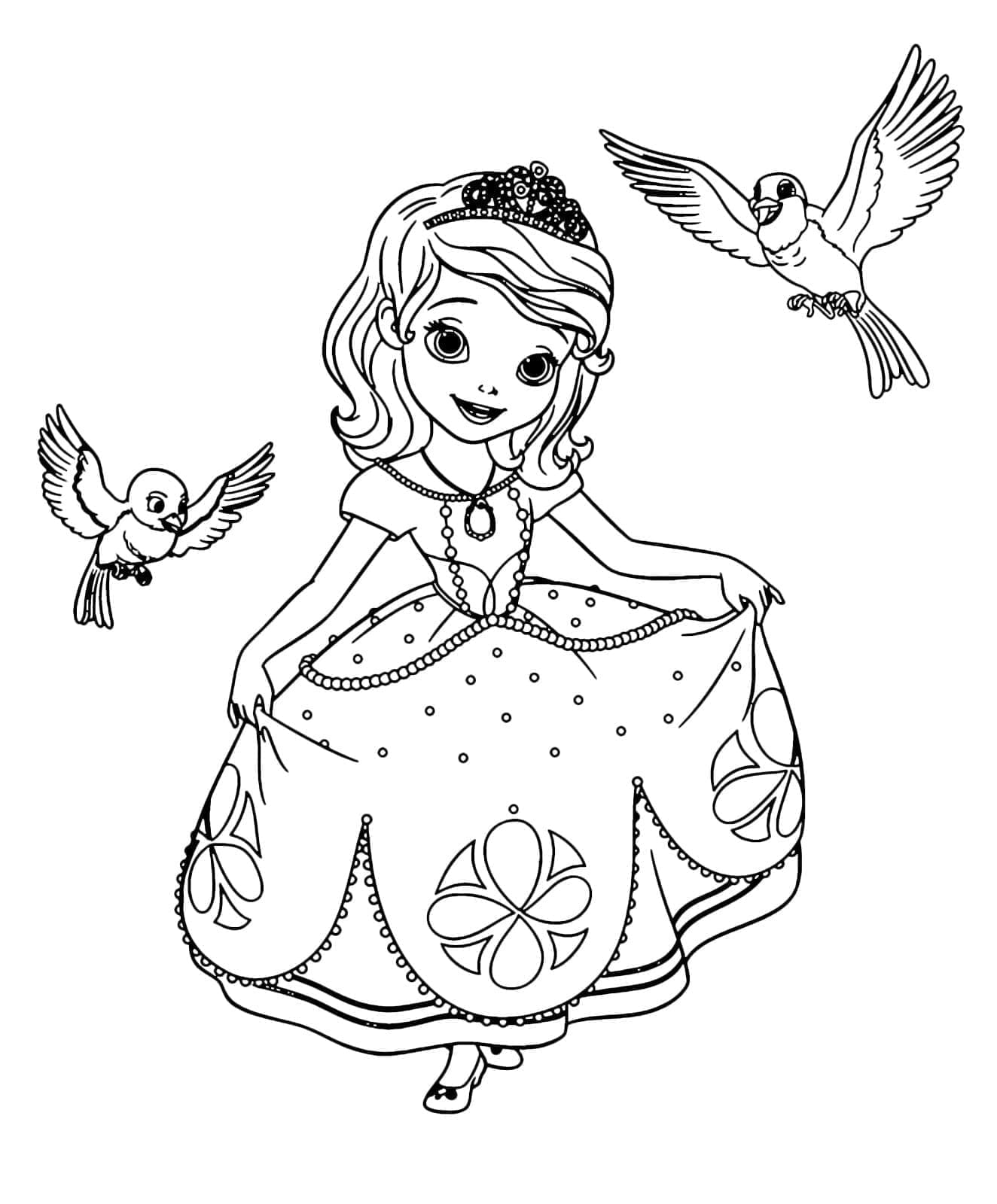 Desenho dePrincesa Sofia e Pássaros para colorir