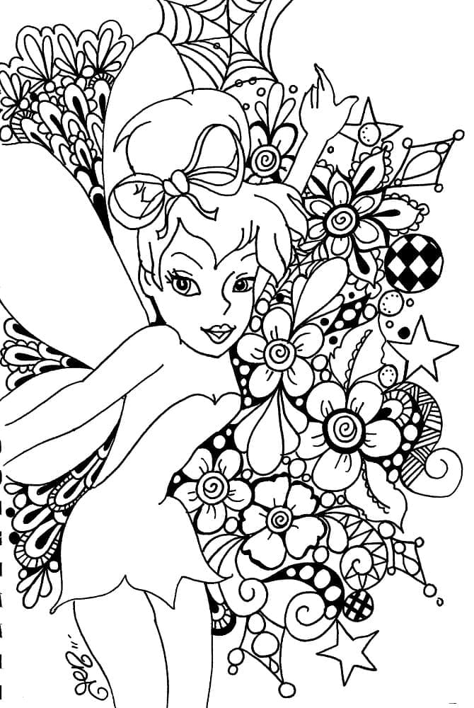 Desenho de Sininho e Flores para colorir