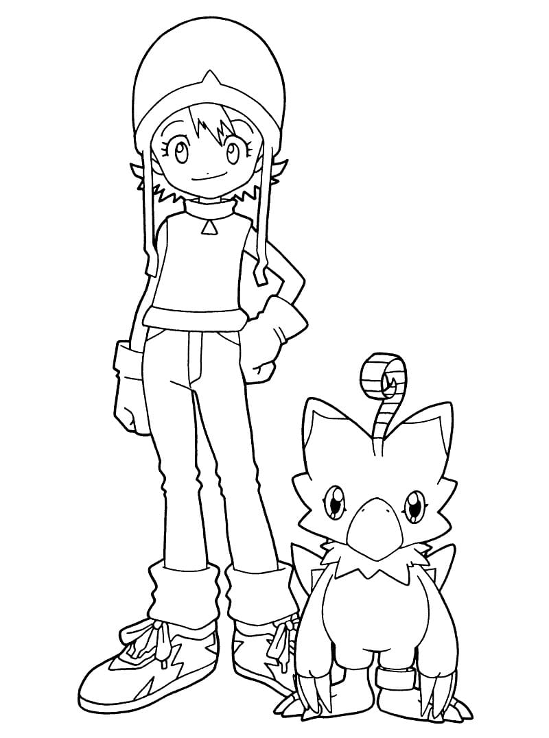 Desenho deSora Takenouchi e Piyomon para colorir