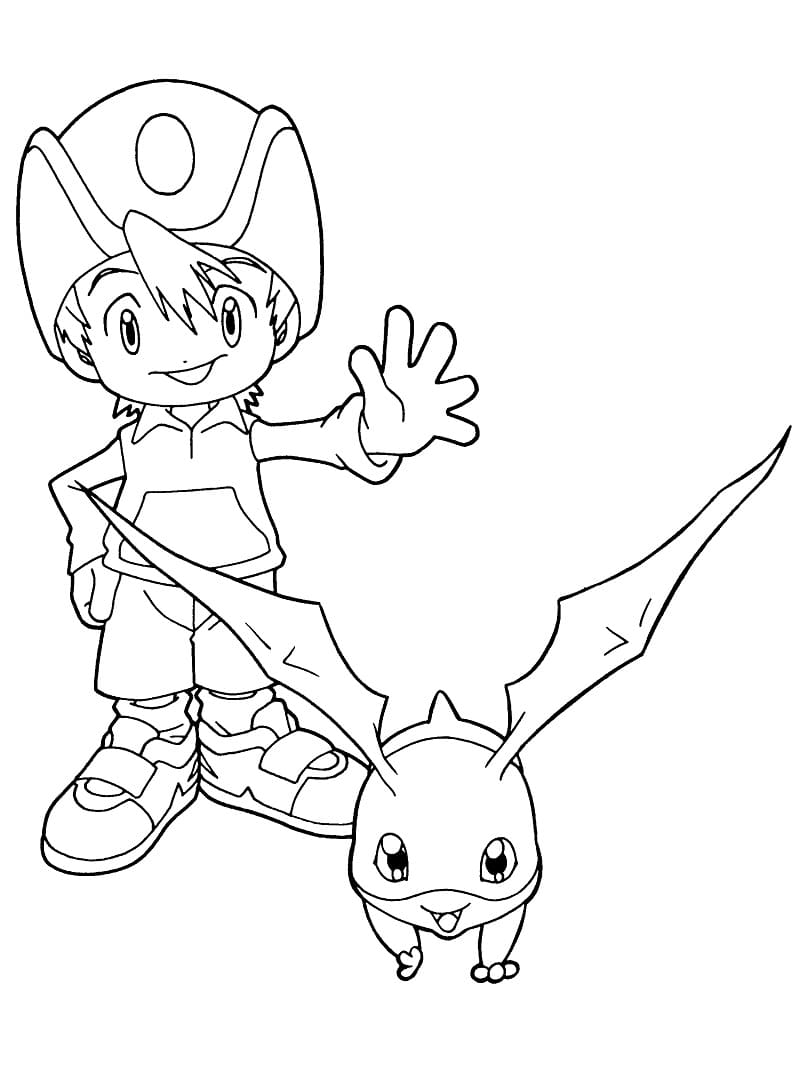 Desenho deTakeru Takaishi e Patamon para colorir