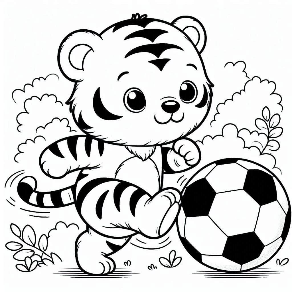 Desenho deUm Filhote de Tigre Joga Futebol para colorir