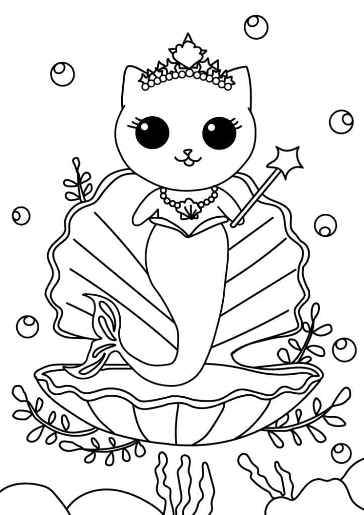 Desenho deUma Gata Sereia Fofa para colorir