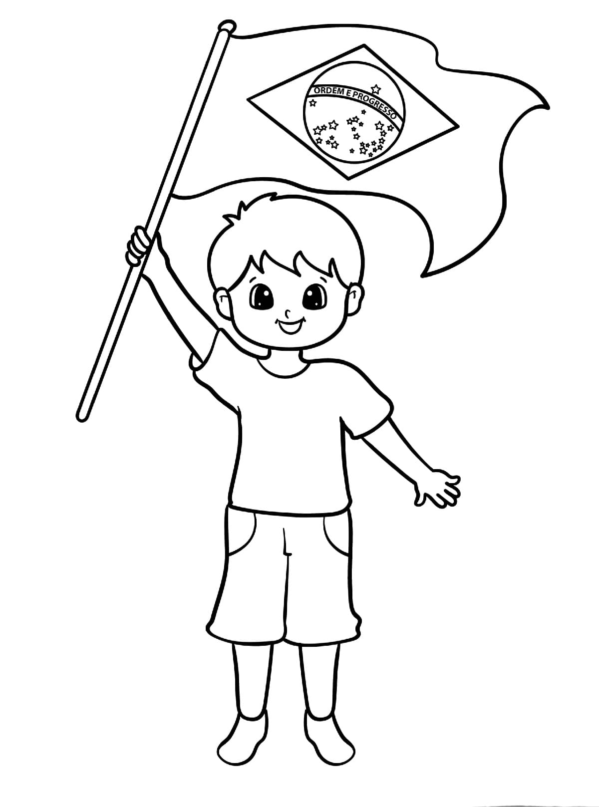 Desenho deUn Menino e Bandeira do Brasil para colorir