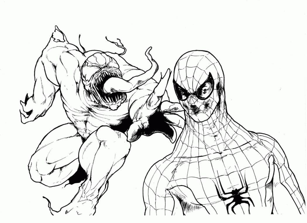 Desenho deVenom e Homem-Aranha estão Lutando para colorir