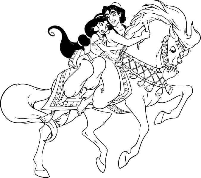 Desenho deAladdin e Jasmine a Cavalo para colorir