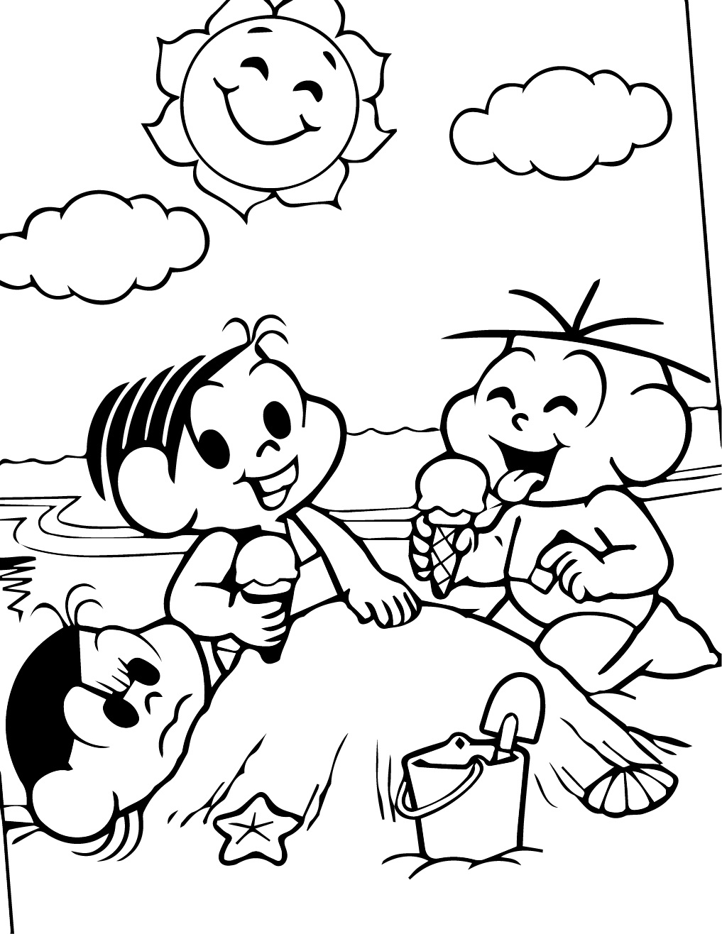 Desenho deMônica e Amigos na Praia para colorir