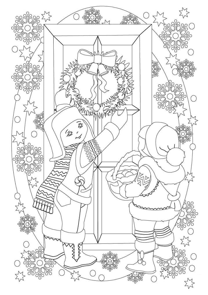 Desenho deCoroa de Natal na Porta para colorir