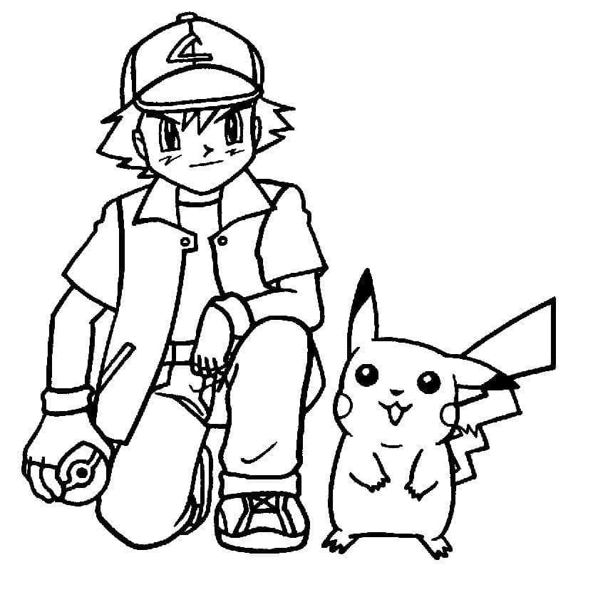 Desenho deAsh Ketchum com Pikachu para colorir