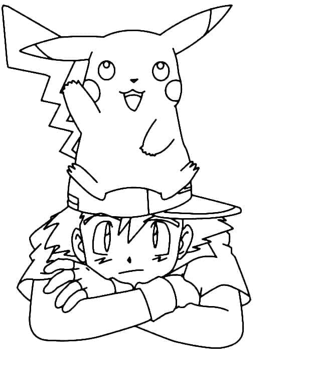 Desenho de Ash Ketchum e Pikachu para colorir