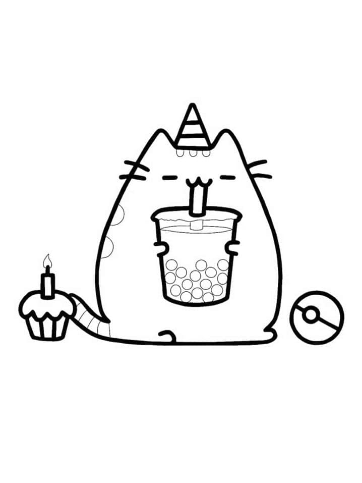 Desenho de Pusheen com Chá de Boba para colorir