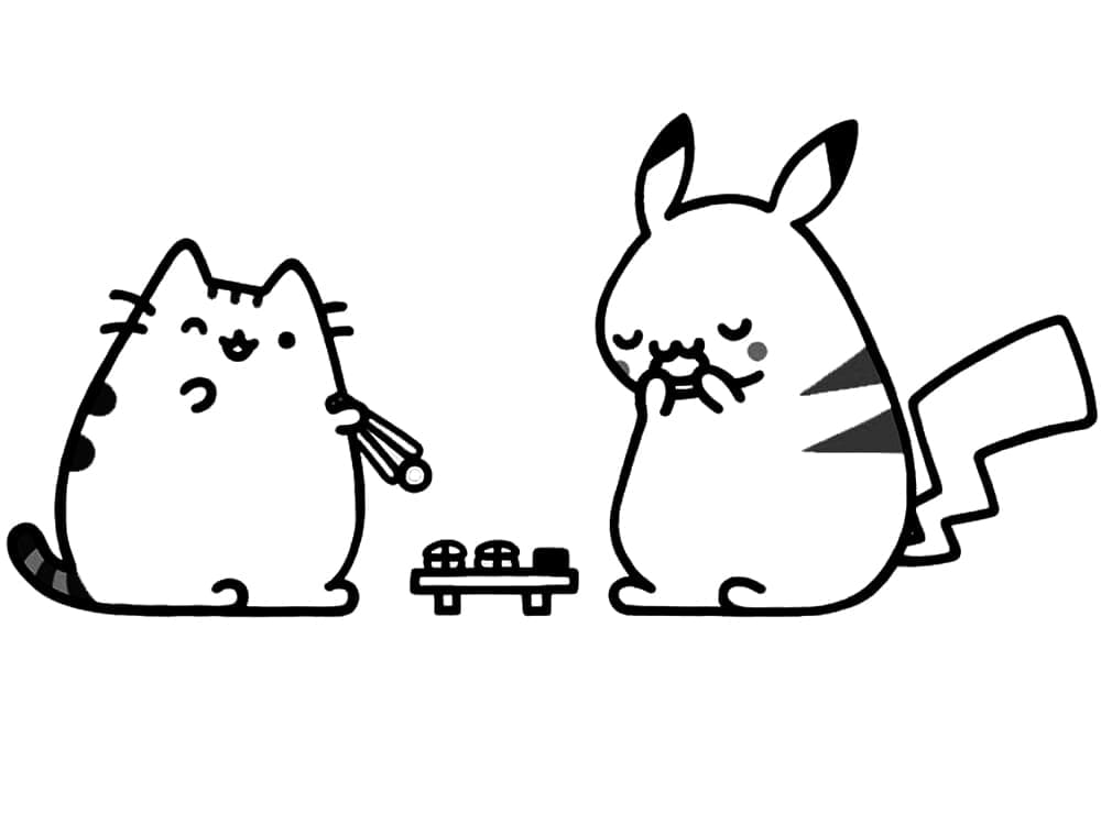 Desenho de Pusheen e Pikachu para colorir