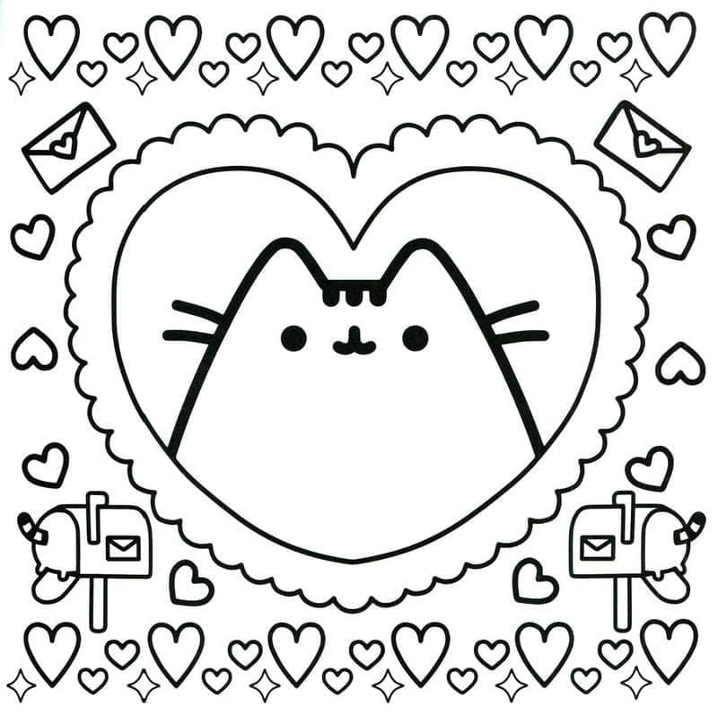 Desenho de Pusheen no Dia dos Namorados para colorir