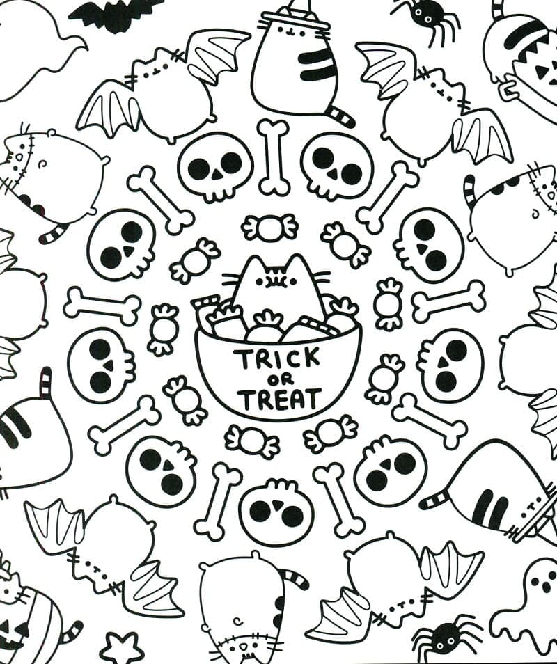 Desenho de Pusheen no Halloween para colorir