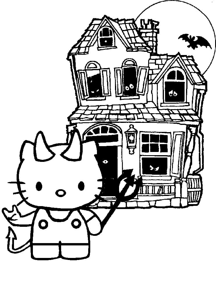 Desenho deHello Kitty e Casa Assombrada para colorir