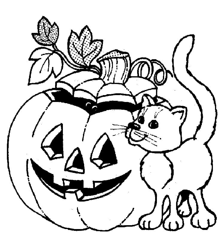 Desenho de Jack O Lantern e um Gato para colorir