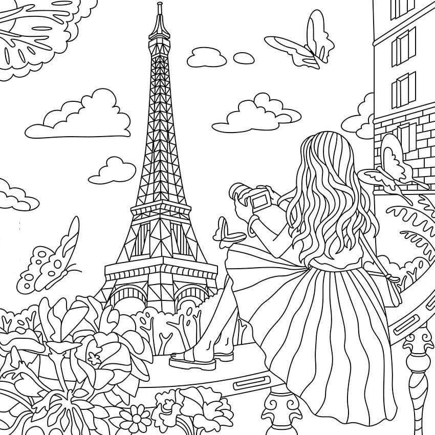 Desenho deMenina com Torre Eiffel para colorir