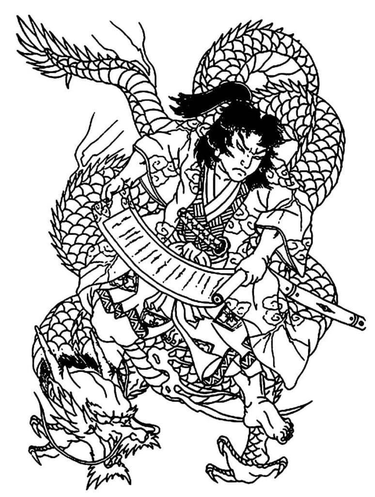 Desenho deSamurai e Dragão para colorir