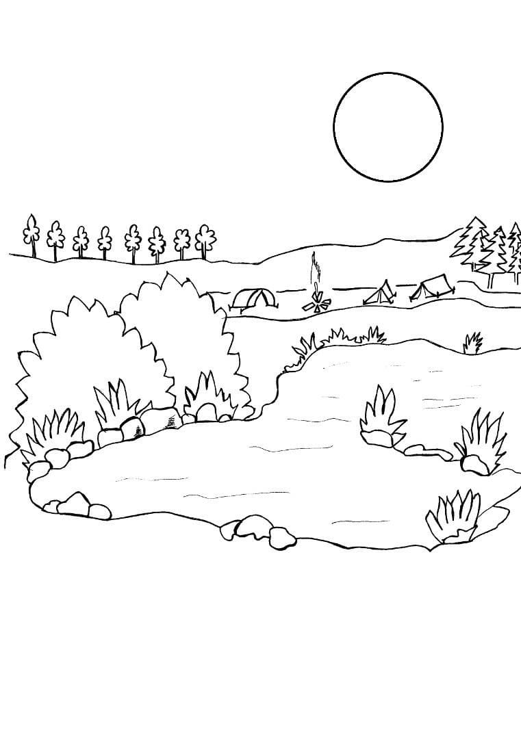 Desenho deSol e Lago para colorir