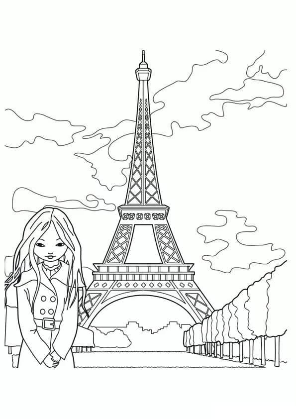 Desenho deUma Garota com Torre Eiffel para colorir