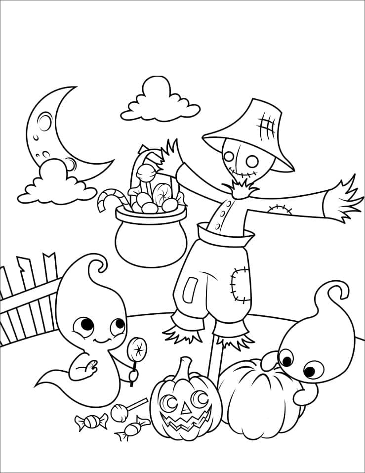 Desenho de Espantalho e Fantasmas para colorir