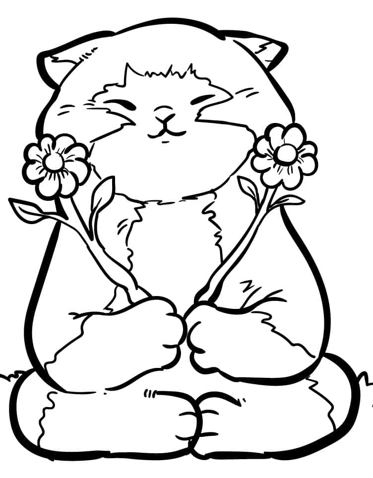 Desenho de Gatinho com Flores para colorir