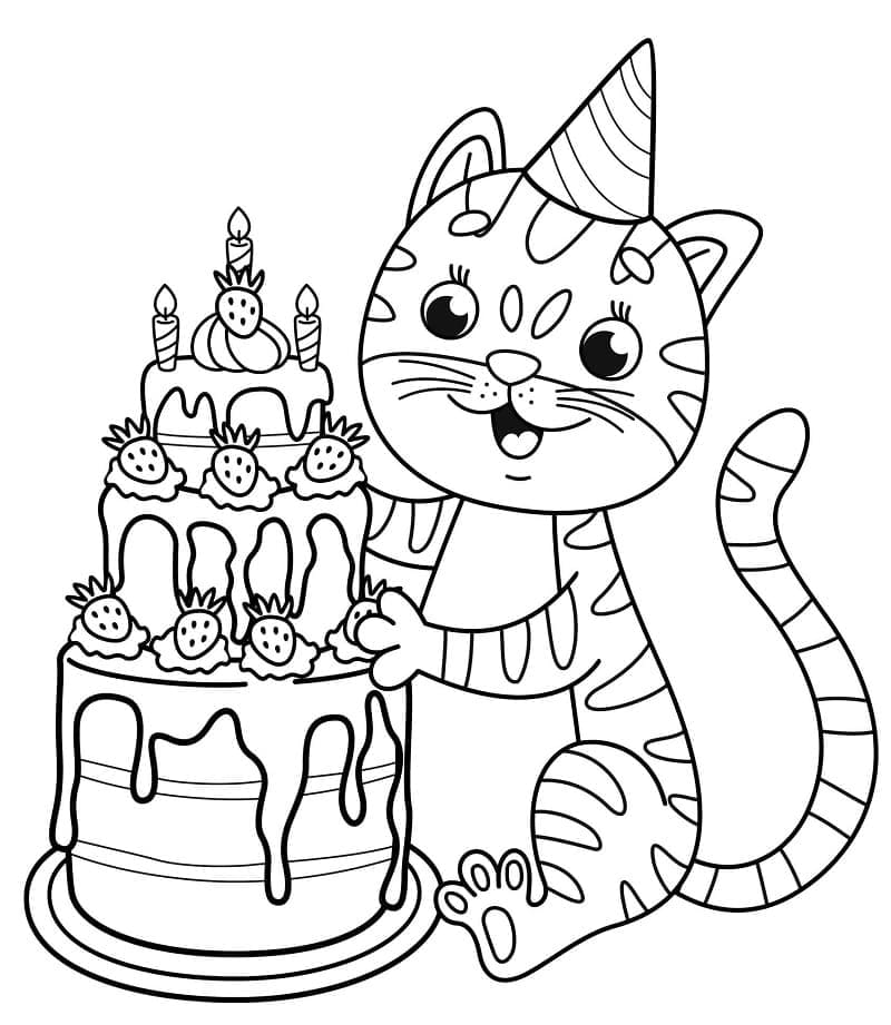 Desenho deGato e Bolo de Aniversário para colorir