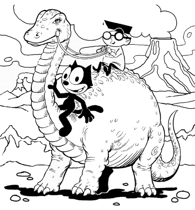 Desenho deGato Félix e Dinossauro para colorir