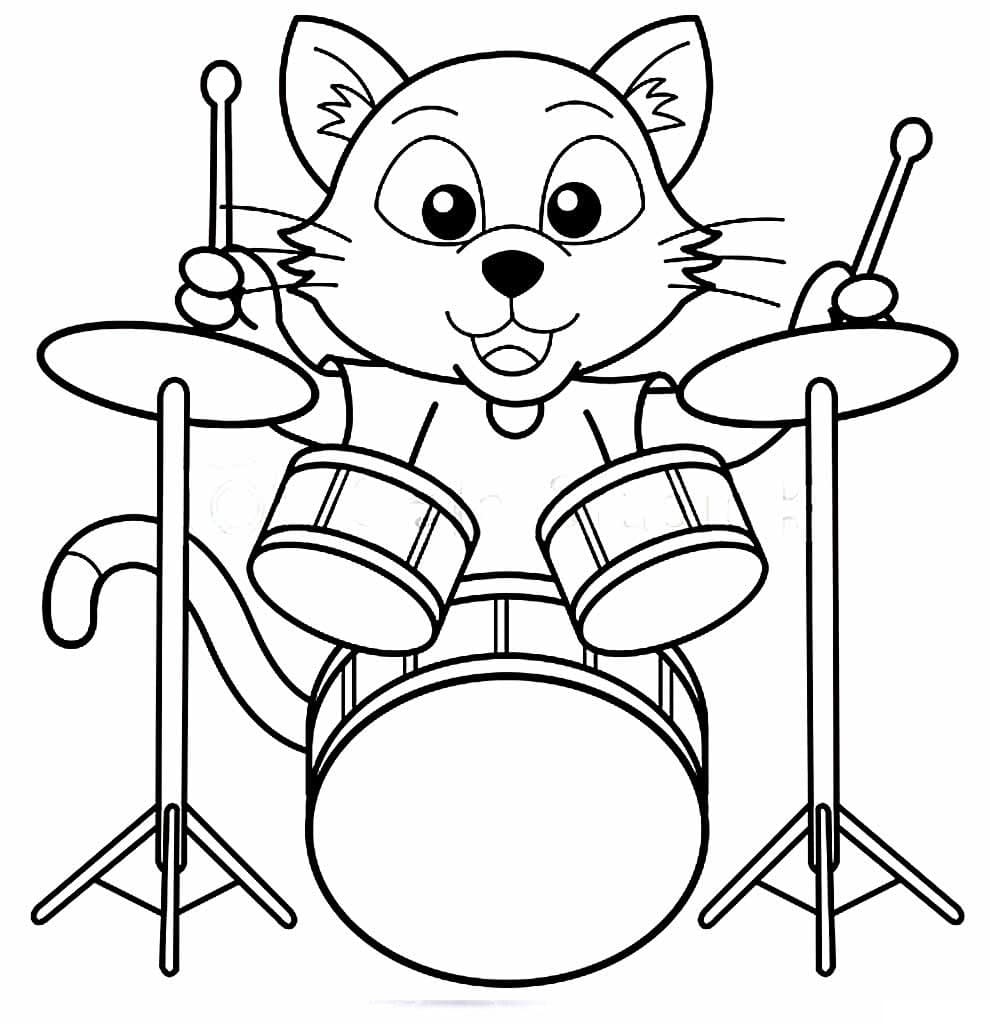 Desenho deGato Tocando Bateria para colorir