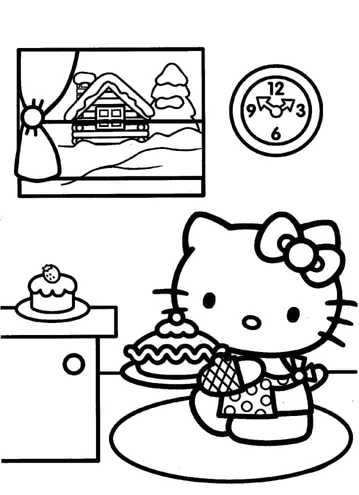 Desenho de Hello Kitty com Bolo para colorir